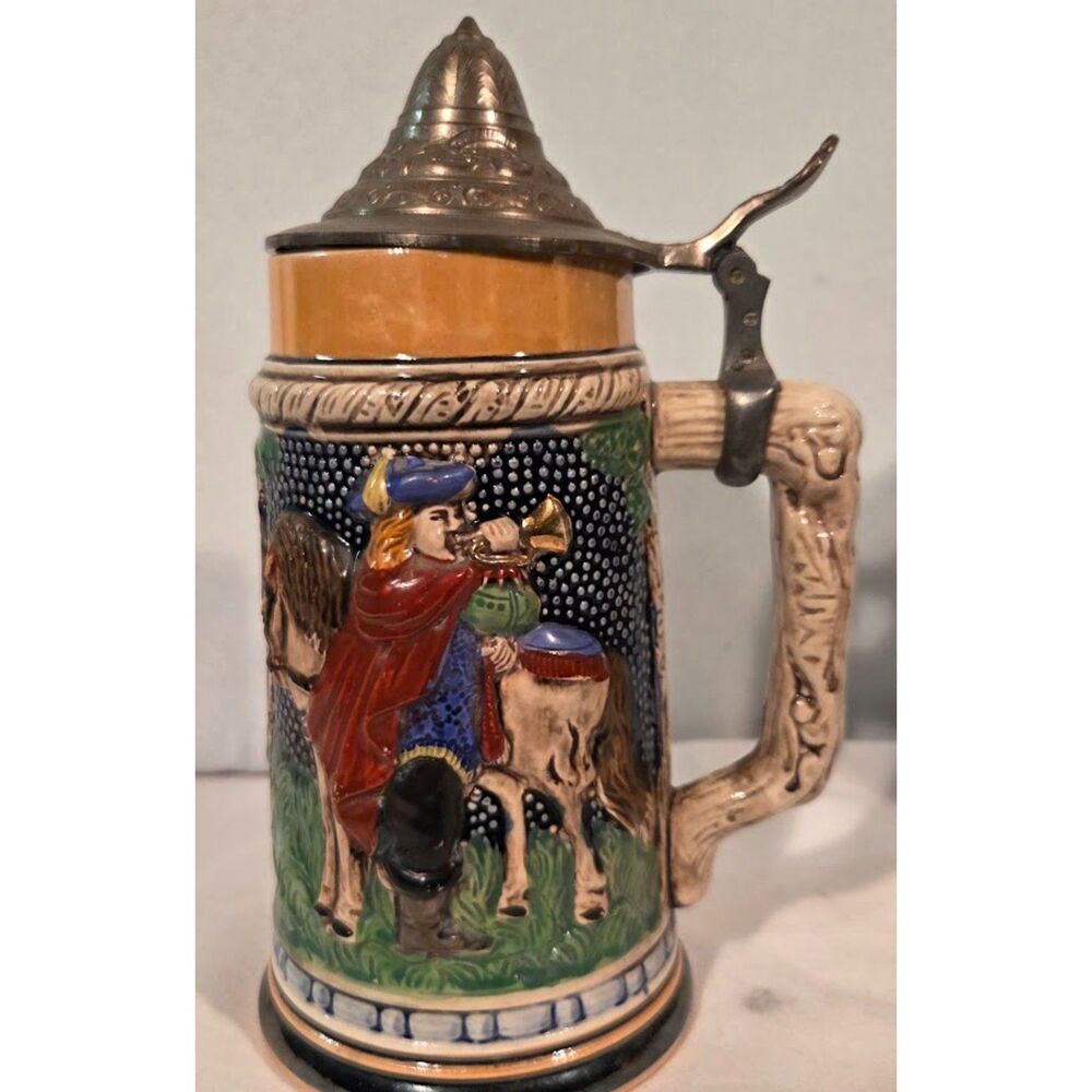 Vintage Lidded German Beer Stein Castle & Trumpeter Relief Pewter Lid